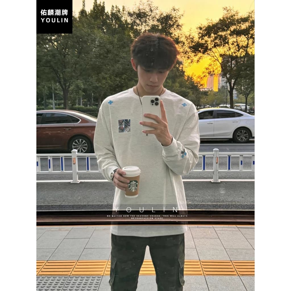 Americano High Street remendo bordado de manga comprida camiseta masculina primavera nacional na moda moletom sem capuz