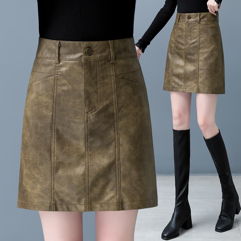 Moda saia de couro do plutônio feminina 2025 outono inverno novo estilo cintura alta pequeno mais magro olhar um passo H