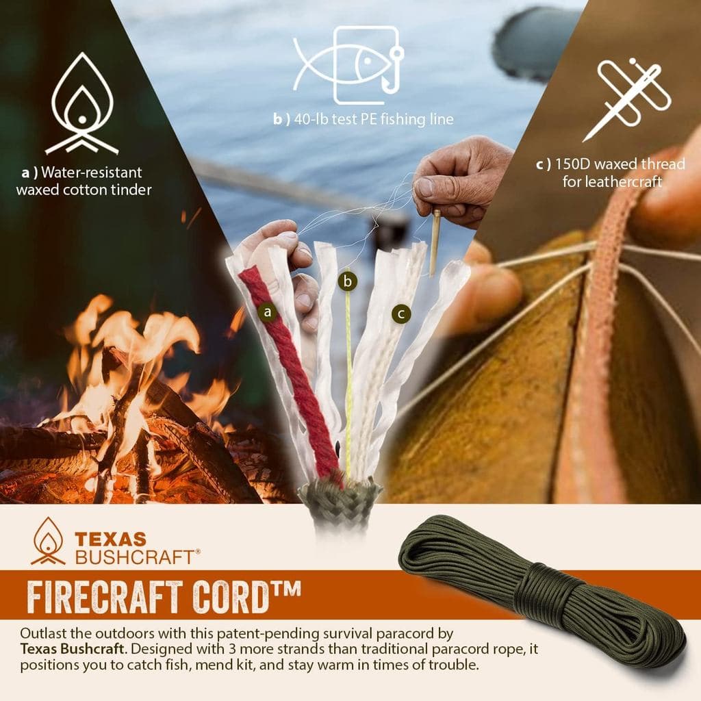 Cabo Texas Bushcraft Firecraft-Corda Utilitária De Sobrevivência Paracord , De Pára-Quedas Para Equipamentos-3 Fios Extr