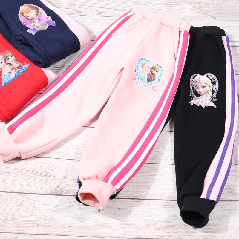 Outono inverno meninas calças combinando de cores calças esportivas infantis forro de lã engrossado moletom quente calça