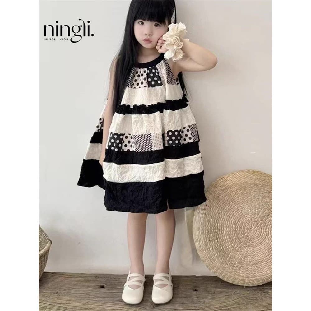 Menina Super agradável vestido de verão novo estilo menina bebê Mori estilo moda costura bolinhas Halterneck moda colete
