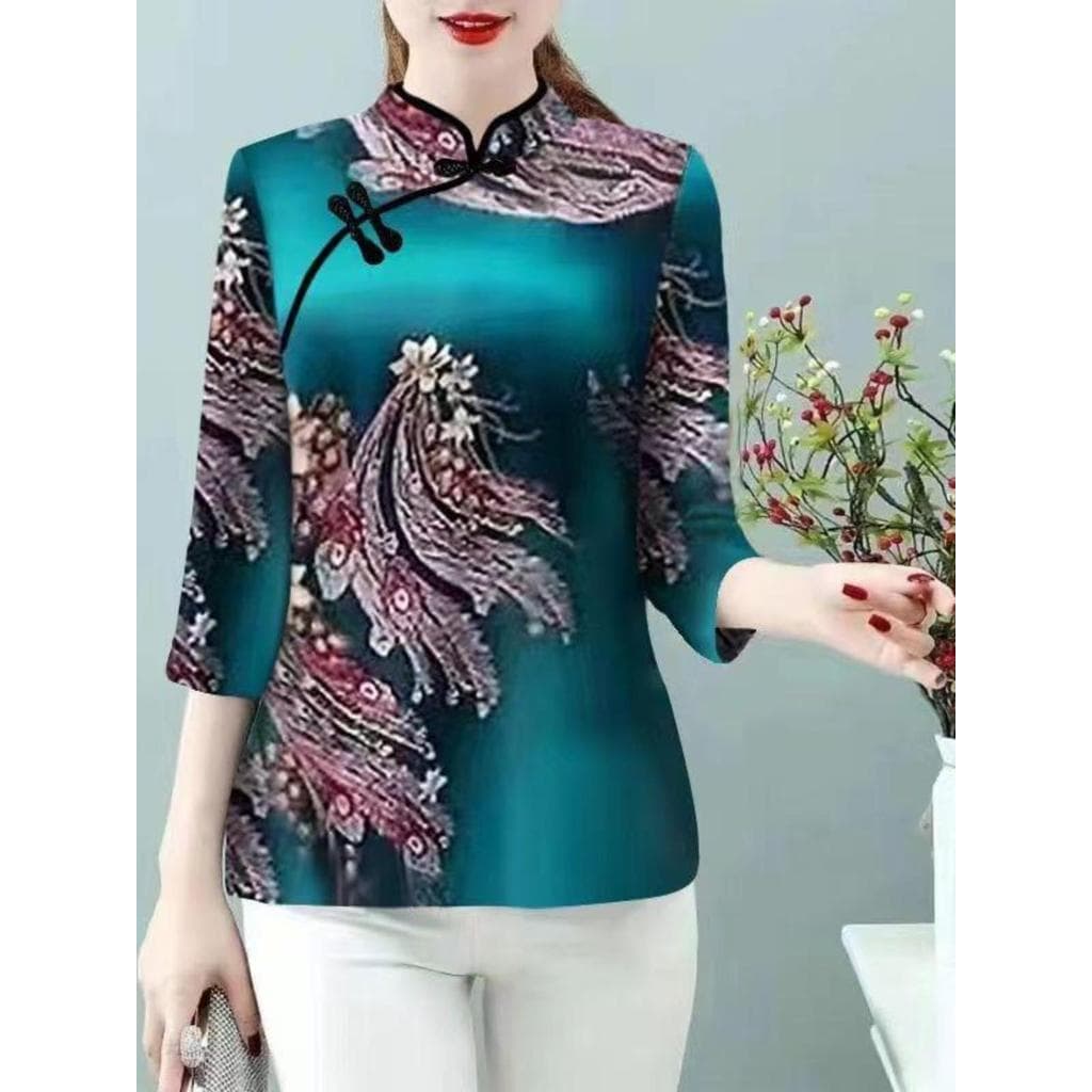 Imitação Cheongsam colarinho primavera outono novo estilo mãe capa barriga topo feminino Retro camiseta camisa de fundo