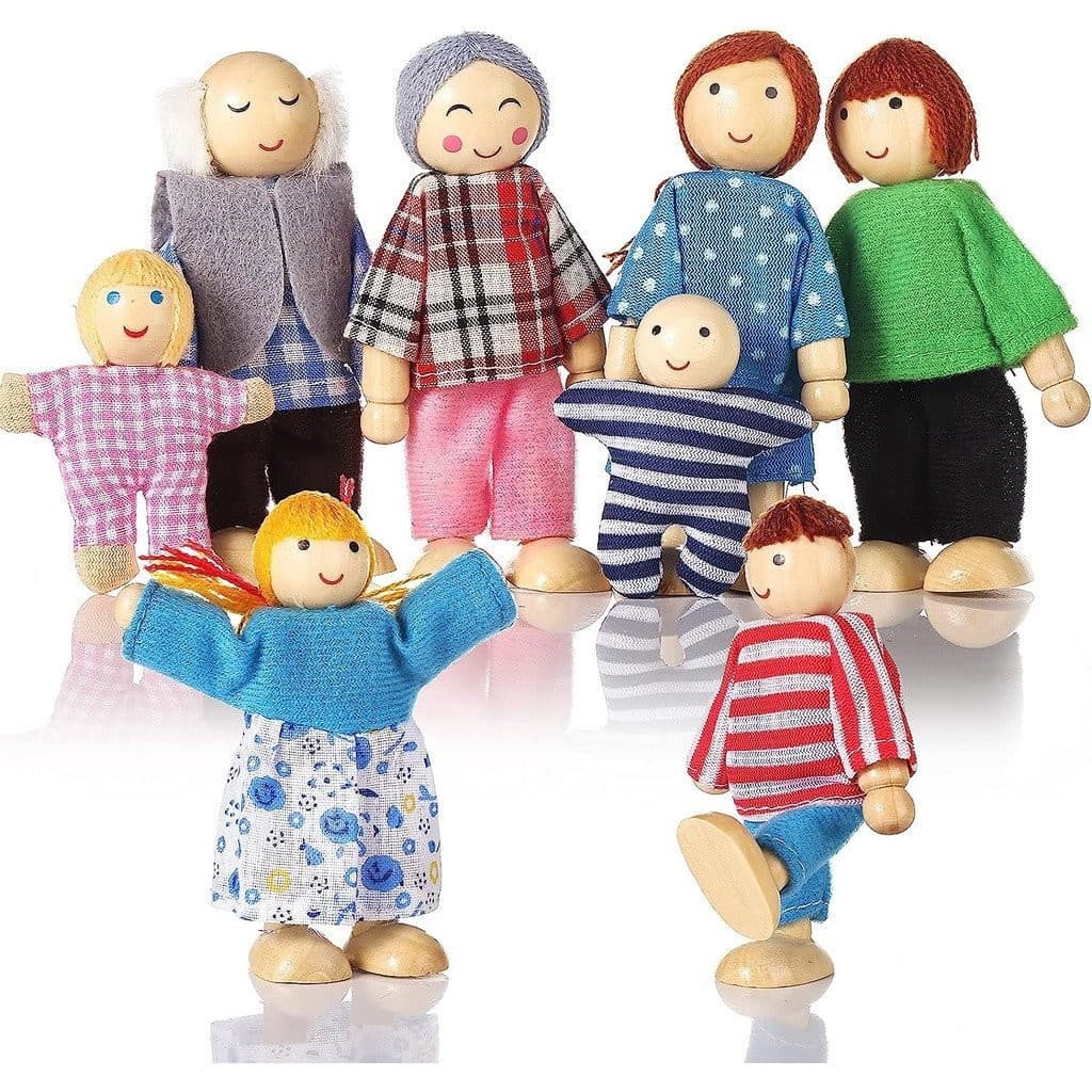 7 Pçs/Conjunto Boneco Articulado De Madeira Para Família/Pais E Filhos