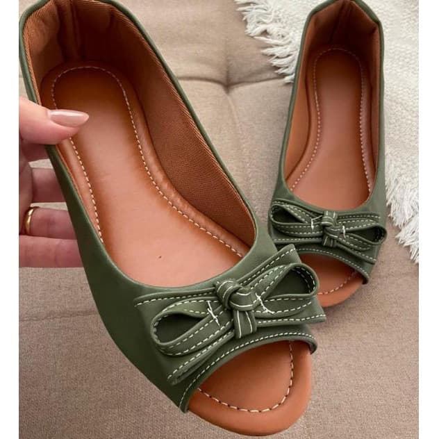Peep Toe Sapatilha Aberta na Frente Feminina Verde Militar NOVIDADE