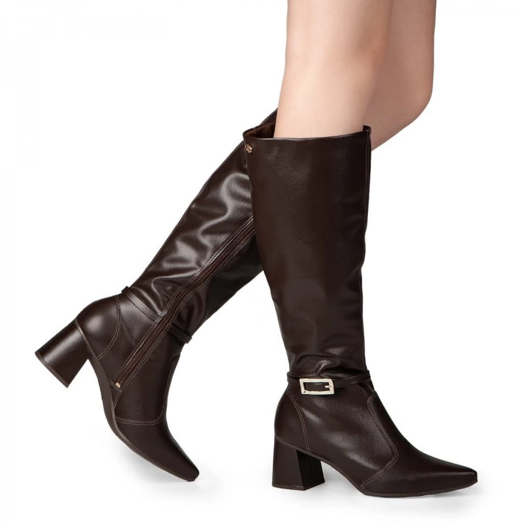 Bota Feminina Dakota Cano Longo Alto Salto Bloco Médio Fivela Bico Fino D2752
