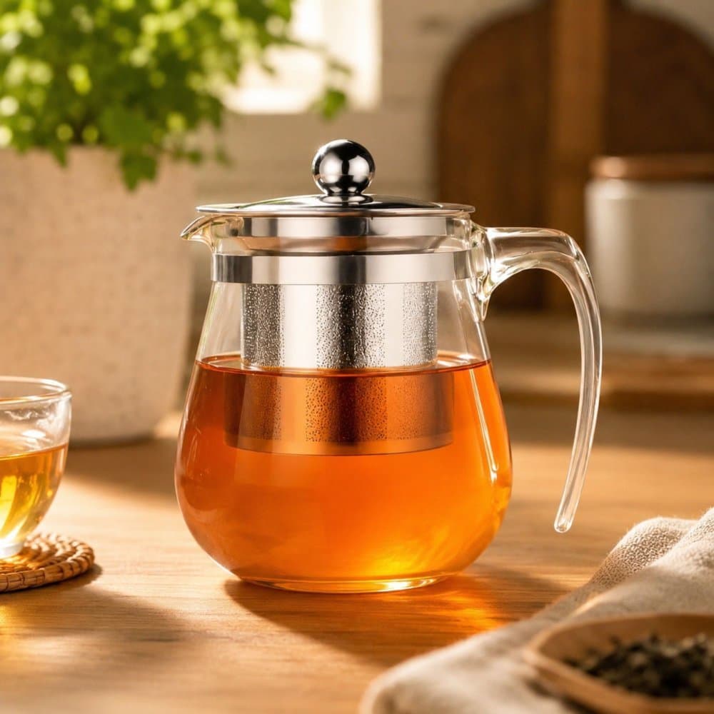 Chaleira de Vidro Pequena 300ml com Coador e Tampa de Inox Infusor Jarra Silicado Com Alça Bule Chá Infusão