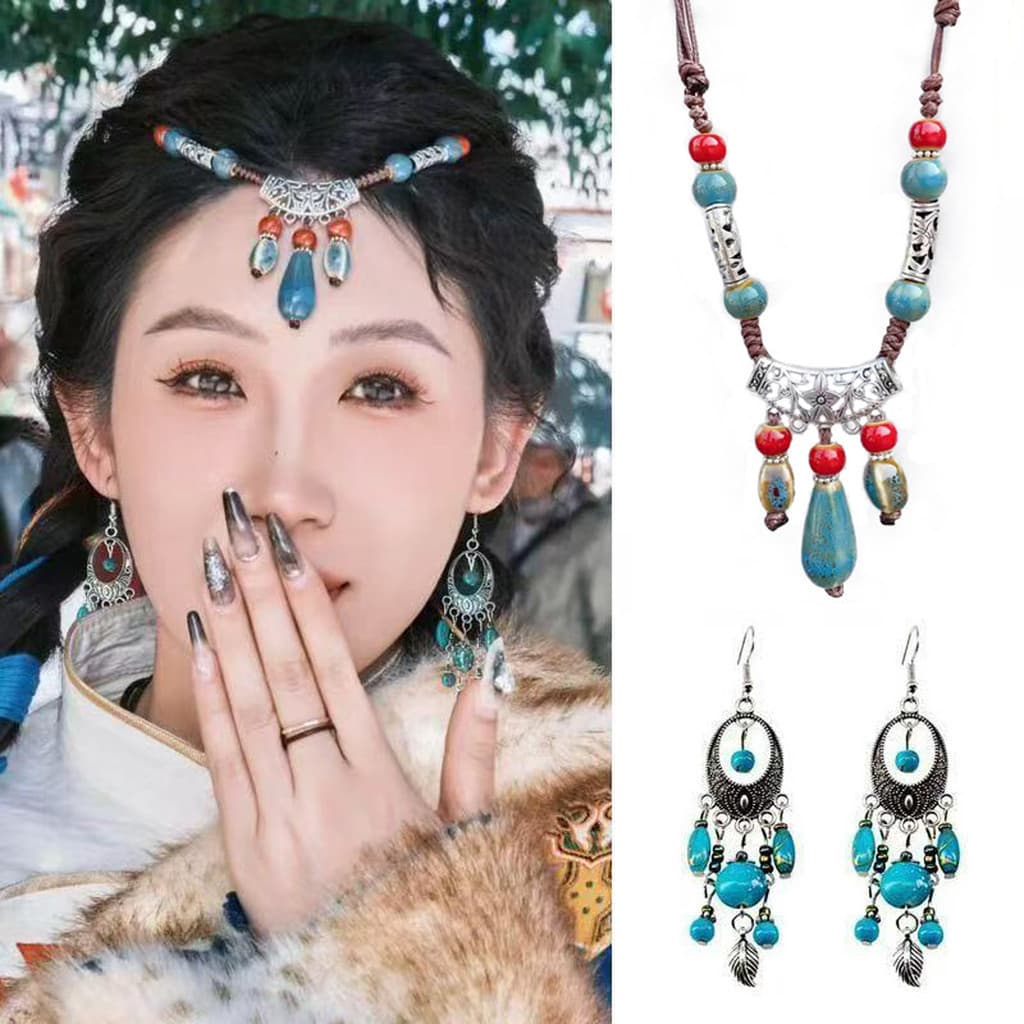 Novo estilo estilo tibetano estilo étnico cerâmica testa corrente feminina Retro borla cocar brincos azuis corda trançad