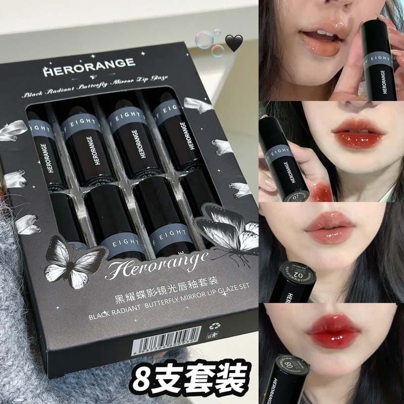 HERORANGE ~ Preto Borboleta Sombra Espelho Brilho Labial Não É Fácil de Colar Copo Hidratante Fácil de Colorir Espelho T
