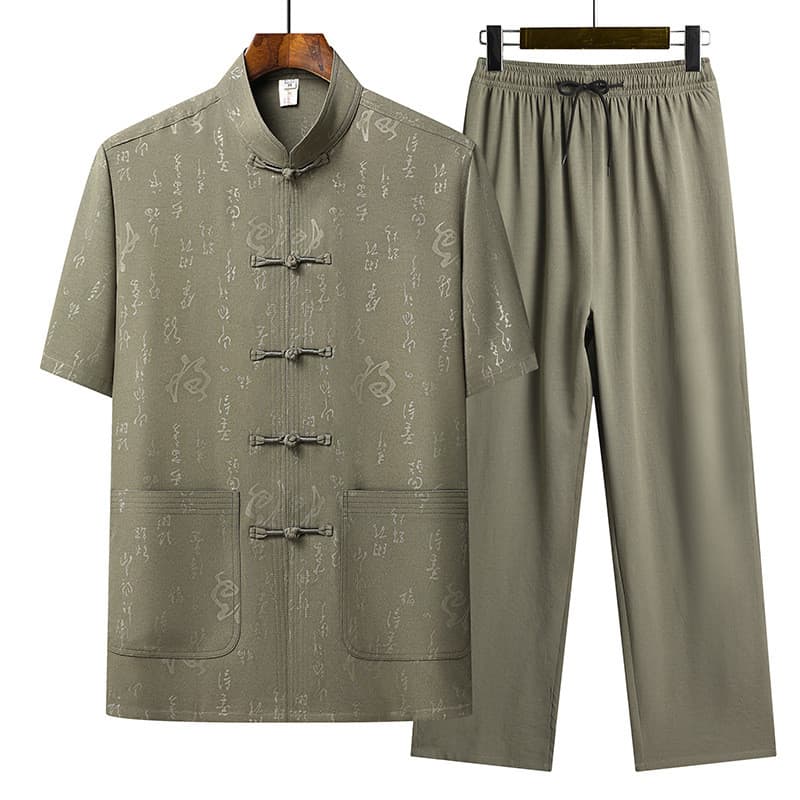 Estilo chinês masculino Casual terno de meia-idade idosos de manga curta abotoado camisa calças conjunto de duas peças d