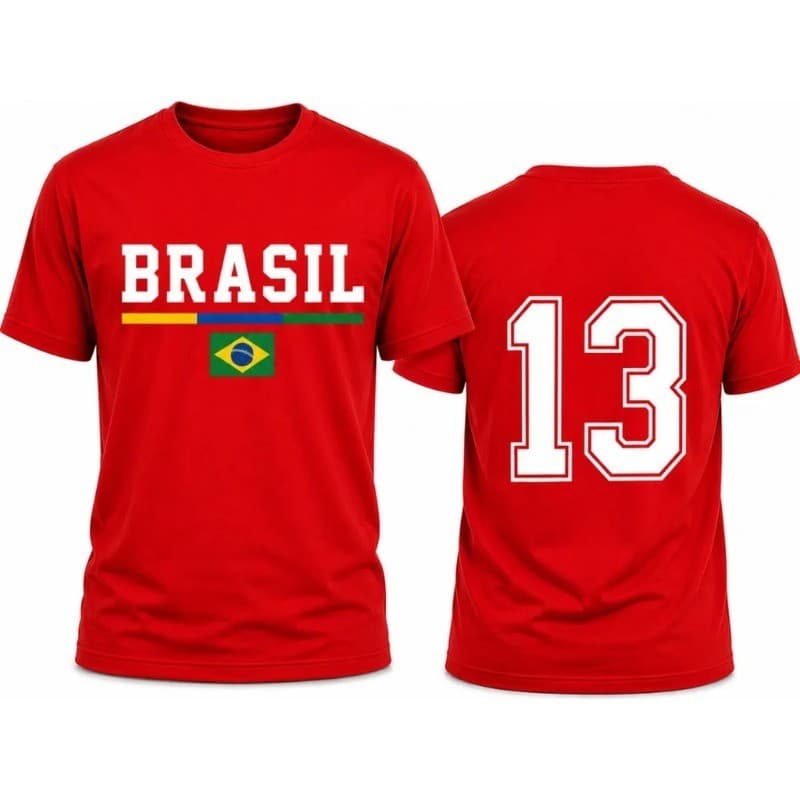 Camisa Brasil 13 Algodao Esquerda Unissex Casual Urbana Estilo Brasileiro Vermelho Premium Macio Confortavel