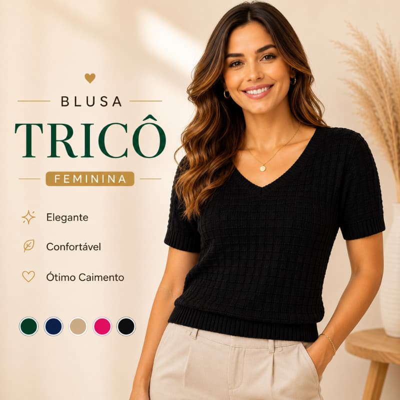 Blusa Tricô Feminina Manga Curta Gola V Modal Canelada Elegante Casual Inverno Leve |3061| Promoção