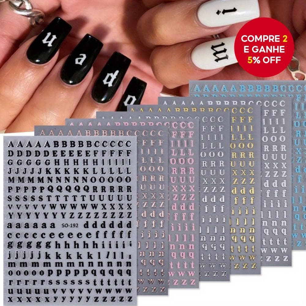 Novas 7 Folhas de Adesivos de Arte para Unhas com Letras Gráficas, Mistura de 7 Cores Preta e Branca com Letras em