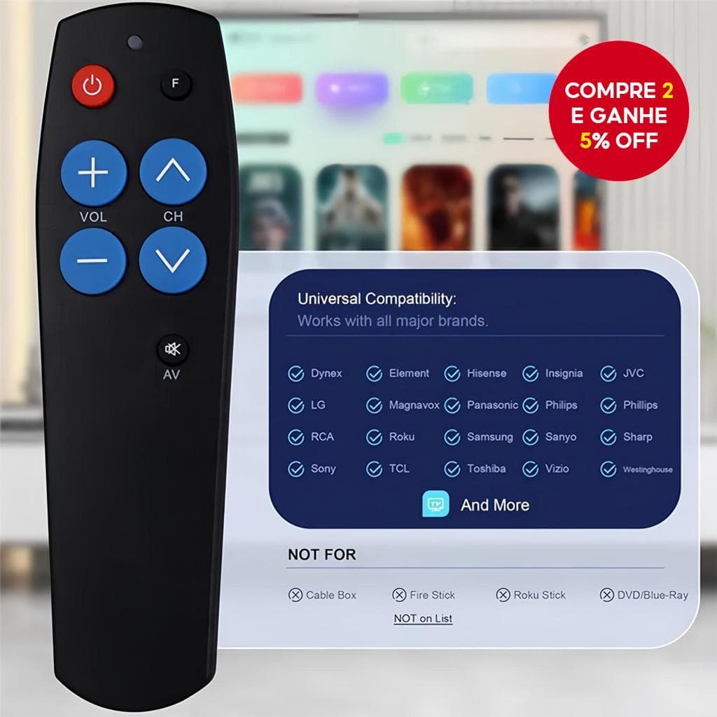 Controle Remoto Universal Inteligente com 7 Botões, Clone e Aprendizado IR para TV, CD, DVD, STB, DVB, Hi-Fi e TV Box.