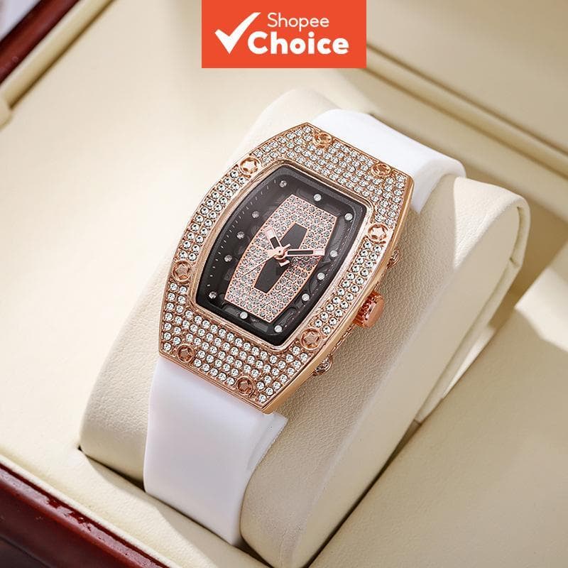 Relógio Feminino Quartzo Silicone Tonneau Cravejado De Diamantes
