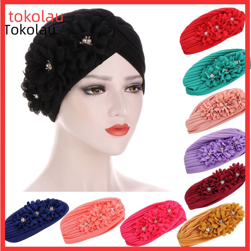 Três Flores Decalque Design Turbante Chapéu Elástico Hijab Boné Capa Para Perda De Cabelo