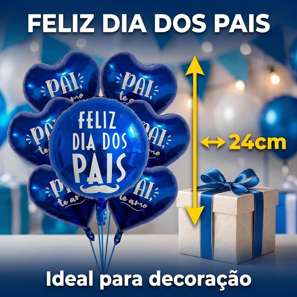 Kit C/10 Balão Metalizado Decoração Dia dos Pais Azul Coração Com Dizeres Pai Te amo-24/45CM