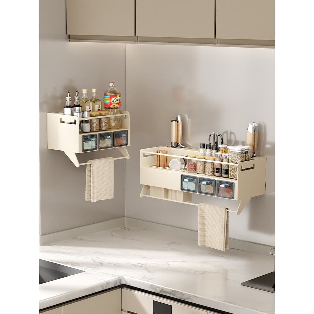 Rack de condimentos multifuncional para cozinha, sem perfuração, montado na parede, rack de faca de cozinha integrado, m