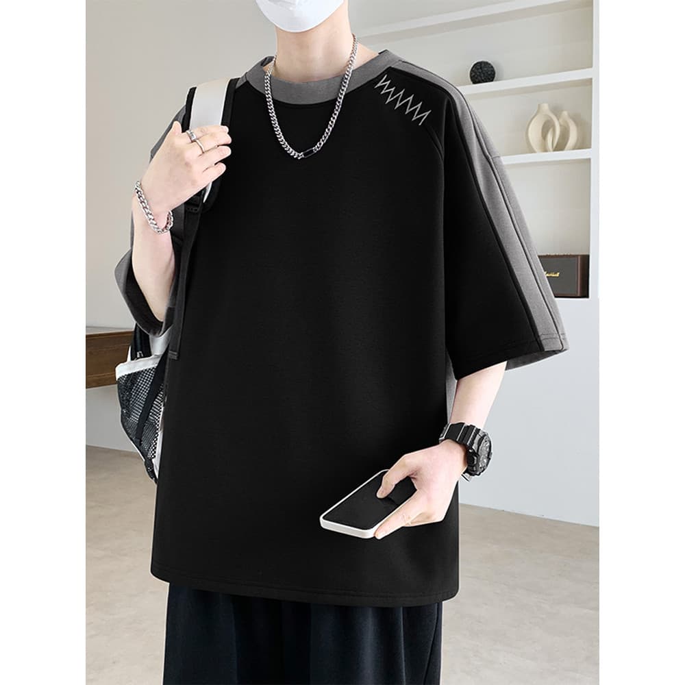 Estilo de correspondência de cores em torno do pescoço manga curta masculina verão novo estilo Street Wear pesado tamanh