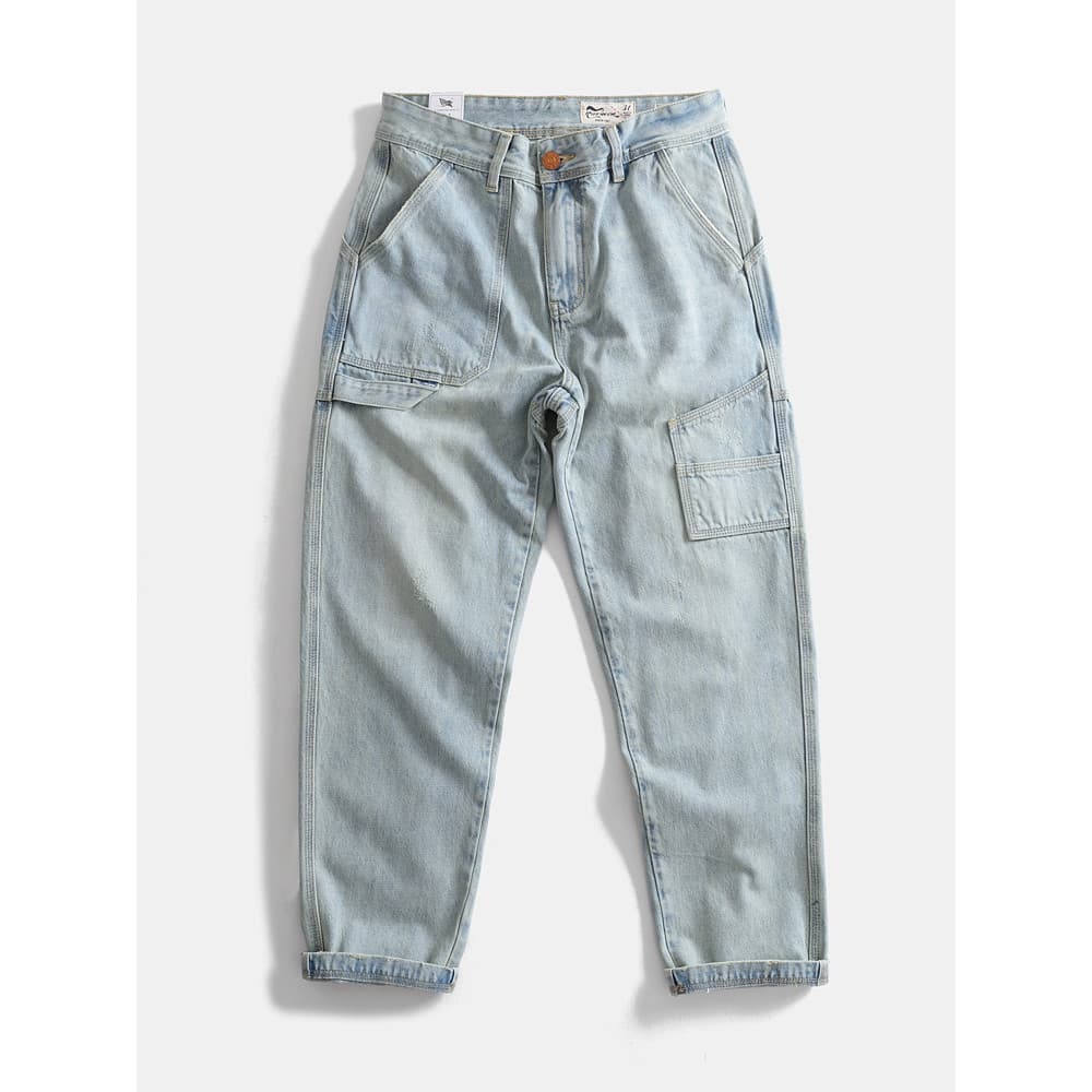 Pesado Retro lavado puro algodão solto em linha reta registro Jeans japonês macacão masculino Casual calças compridas az
