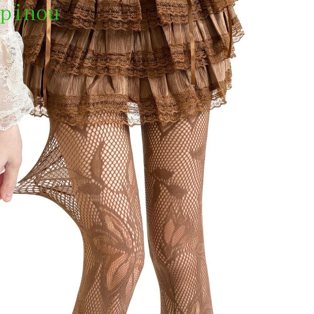 Meias De Fundo Floral PINOU , Meia-Calça Jacquard Vazada Elegante Em Rede Arrastão De Malha De Renda Macia