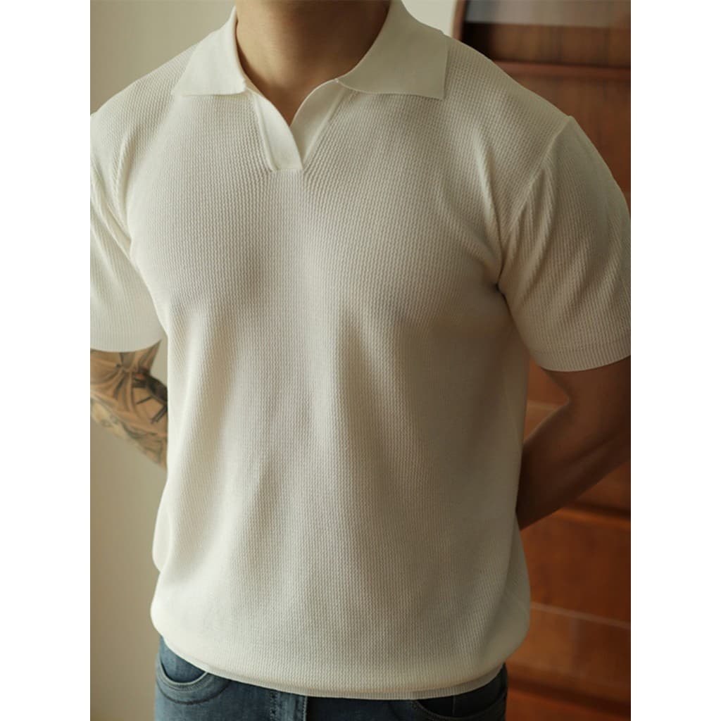 Camisa Polo masculina estilo americano com decote em V, malha de manga curta, lapela solta, cor sólida, primavera verão,