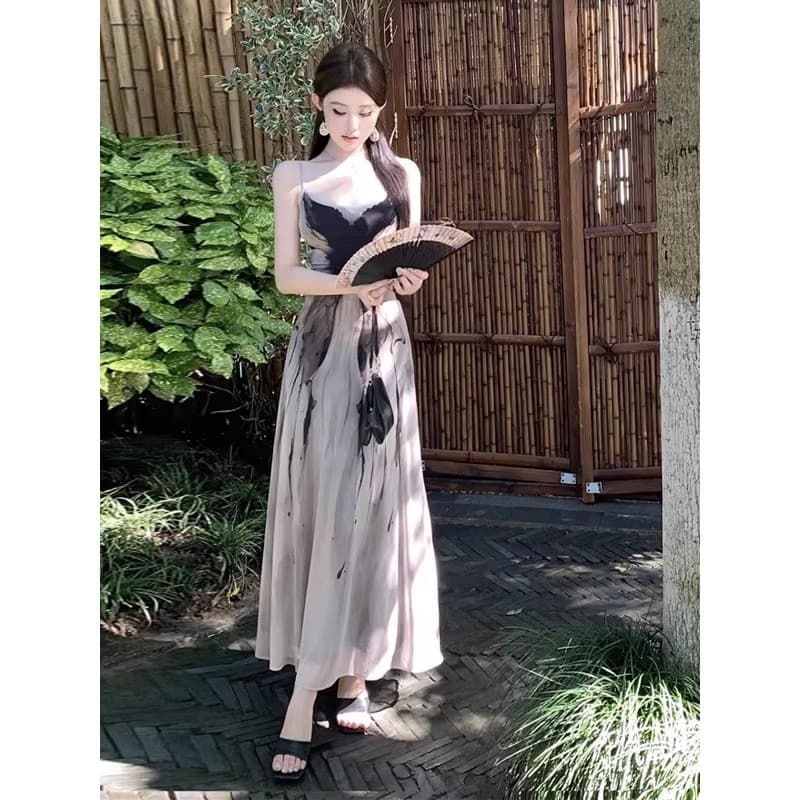 Novo estilo chinês tinta impressa estilingue vestido feminino verão 2026 novo estilo bonito único estilo francês saia lo