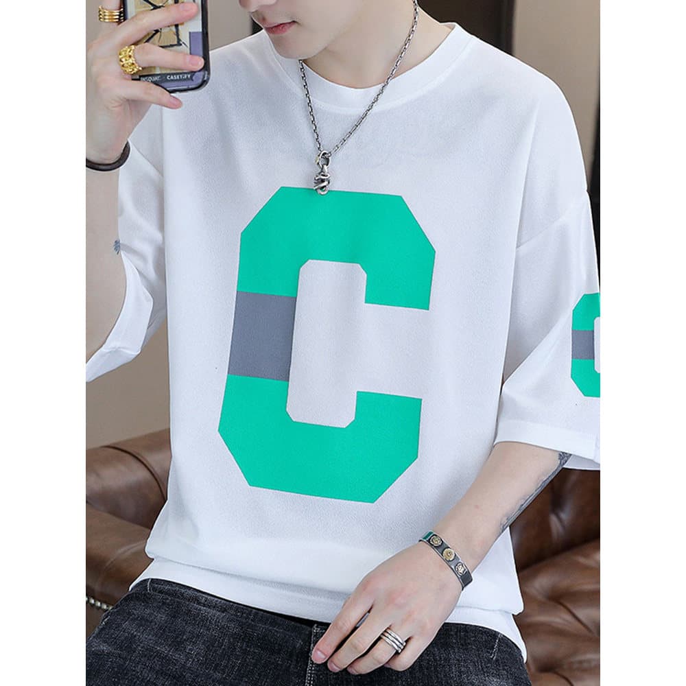 Camiseta masculina de meia manga verão na moda carta impressão cinco pontos camiseta de manga curta 2026