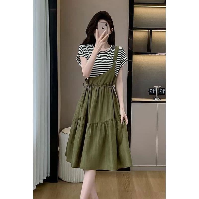 Plus Size roupas femininas falso de duas peças cintura estreita capa barriga camiseta vestido gordo mm estilo coreano li