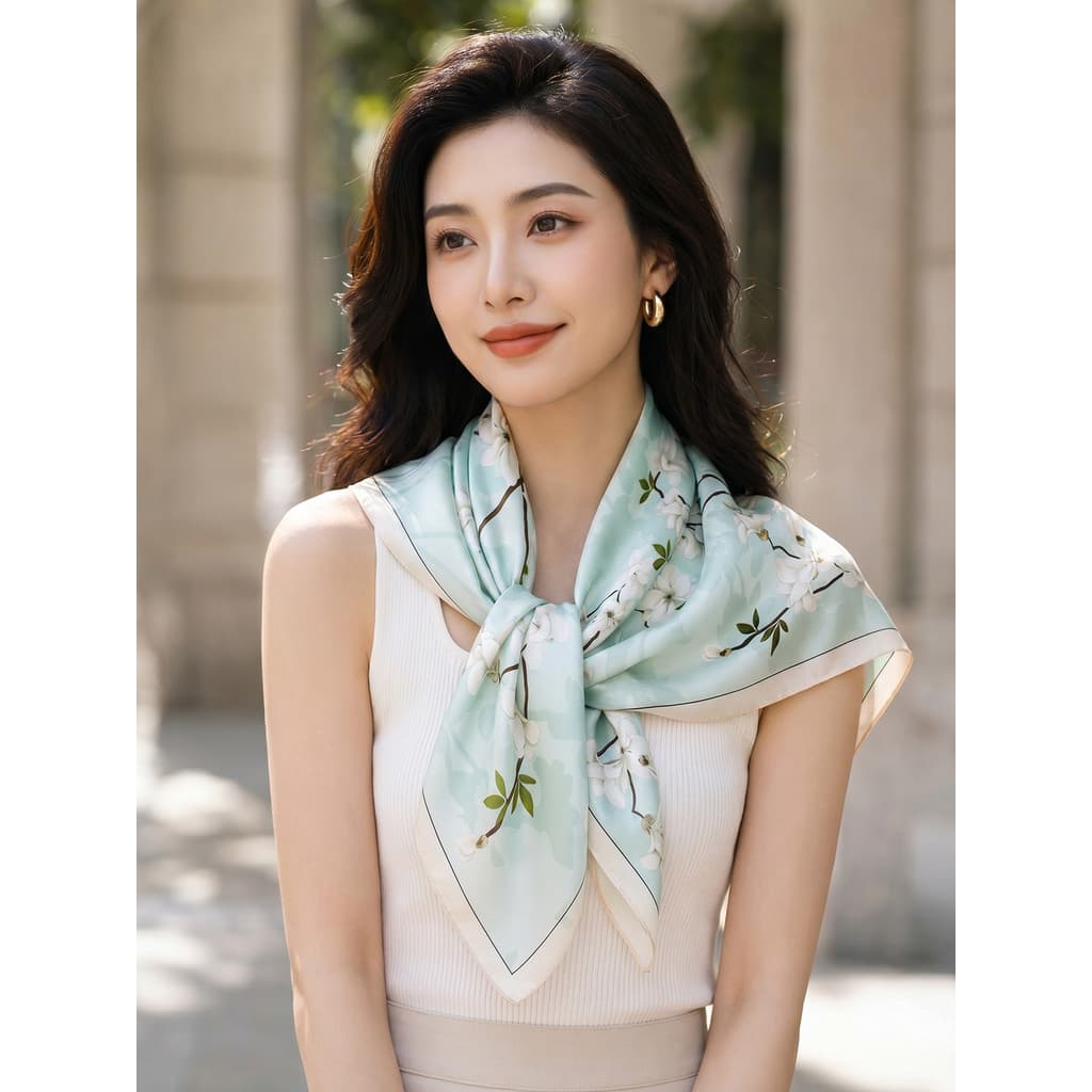Lenço de seda verde 2026 novo estilo feminino verão estilo fino proteção de pescoço proteção solar pescoço High-End pequ