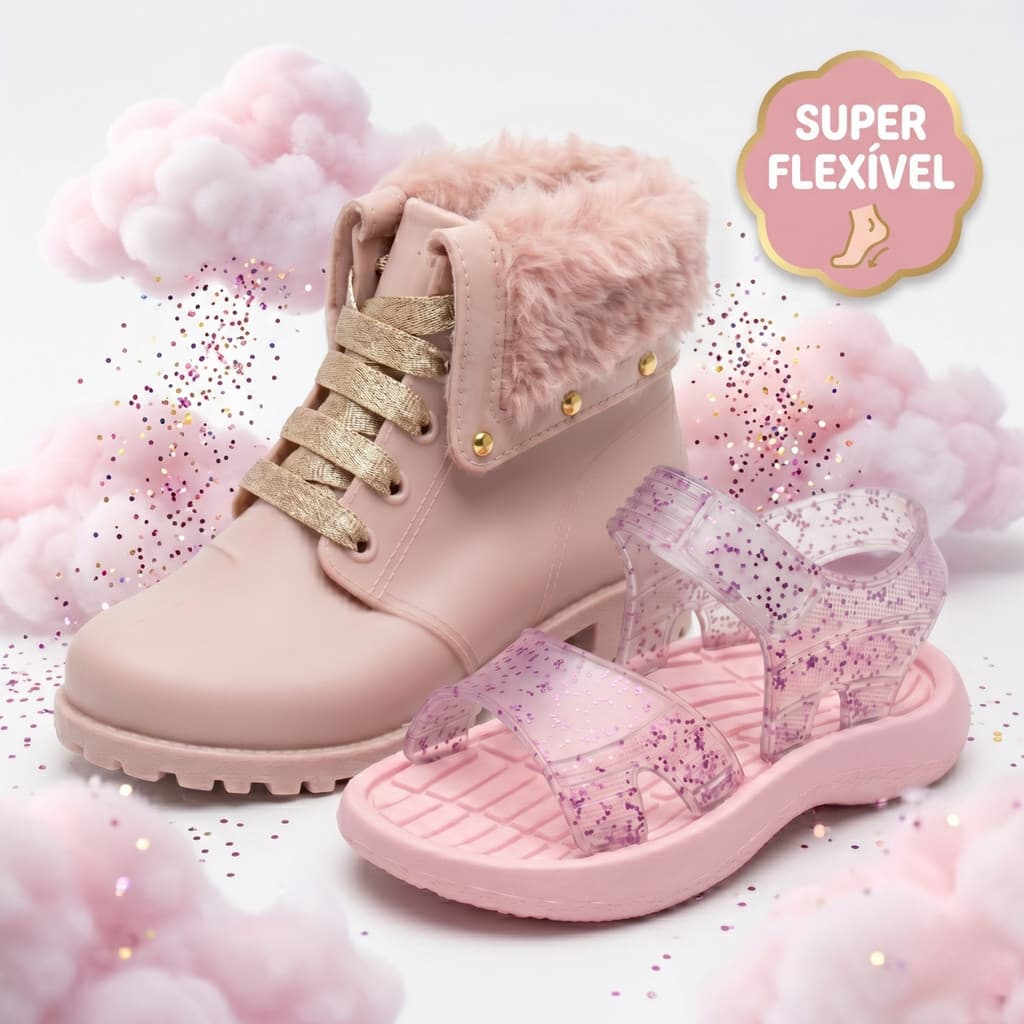 Kit 2 Pares Bota Sandália Infantil Feminino Emborrachado Leve Coturninho Ref 30