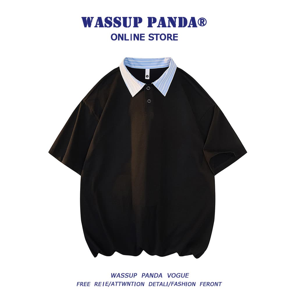 WASSUP PANDA Simples Estilo Japonês Contraste Cor Camisa Gola Manga Curta Camiseta Masculina Verão Na Moda Solta Casal M