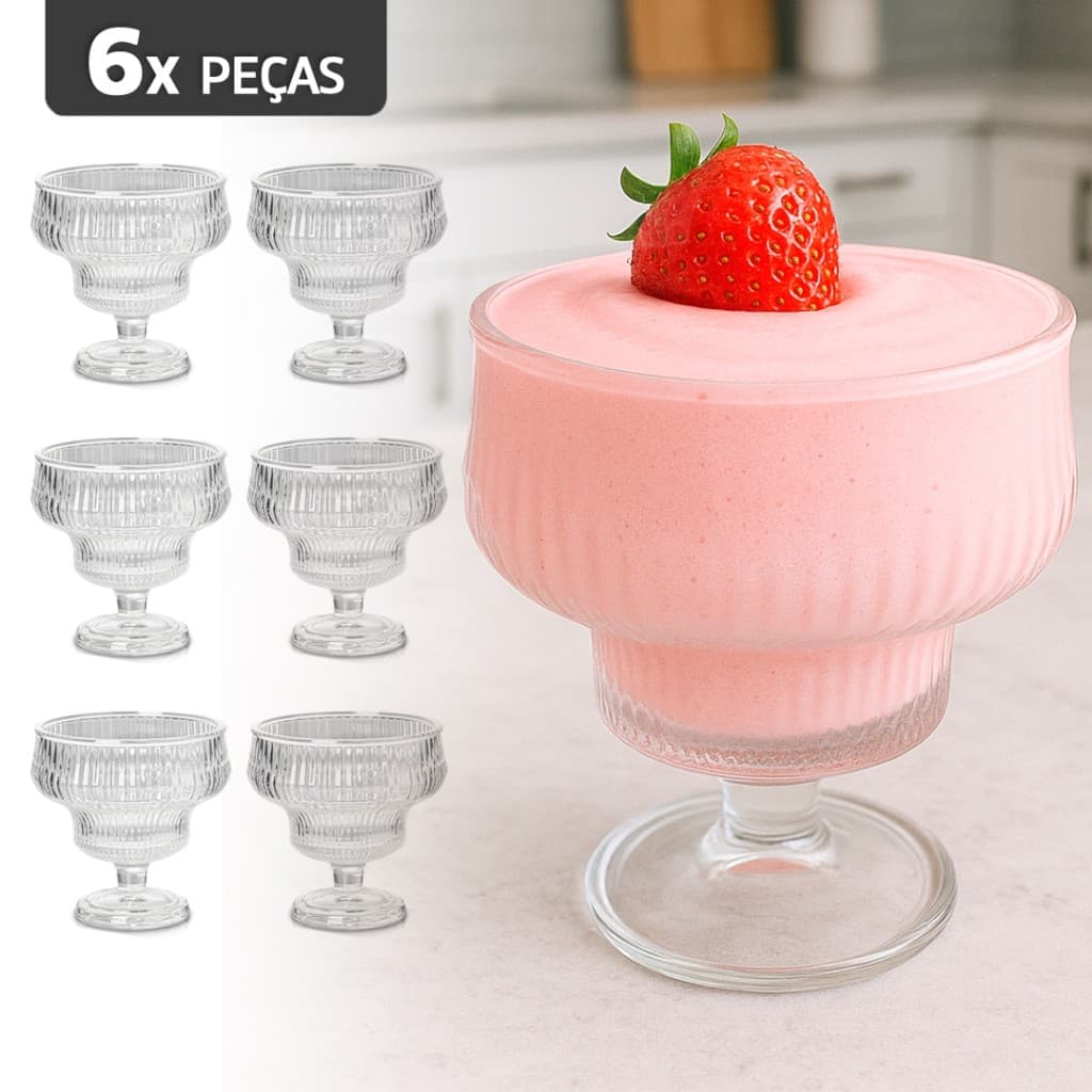 Conjunto 6 Taças de Vidro 295ml - Relevo Premium para Sobremesas e Decoração