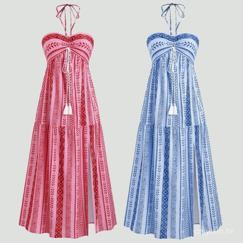 Vestido Sem Mangas Feminino para Férias na Praia, Vestido Longo Estilo Boêmio com Alças IMTI