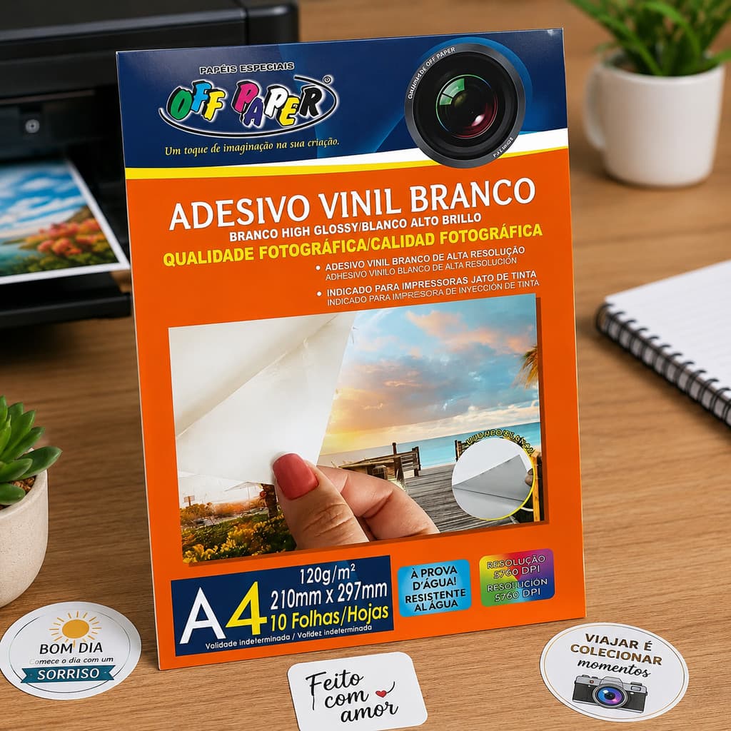 Adesivo Vinil A4 Branco Resistente A Água 10fls Off Paper