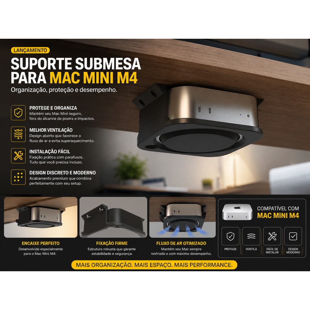 Suporte Mac Mini M4 para Mesa – Fixação Inferior – Organização Profissional – Impressão 3D