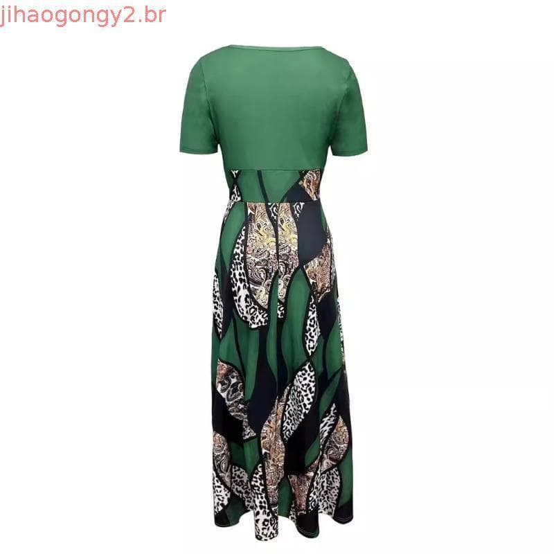 Vestido plus size longo elegante estampado manga curta gola redonda feminino