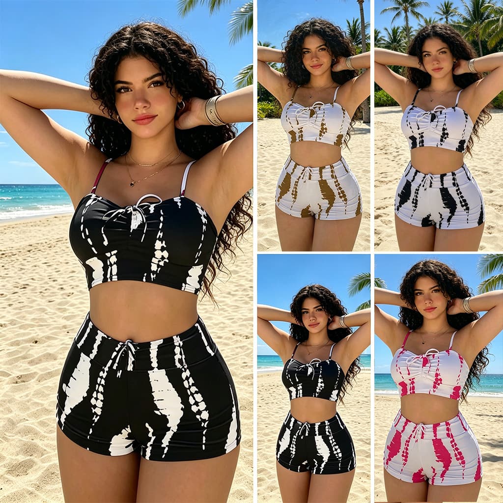 Conjunto de biquíni com shorts, altamente elástico, perfeito para o verão, praia e piscina, disponível em diversas cores