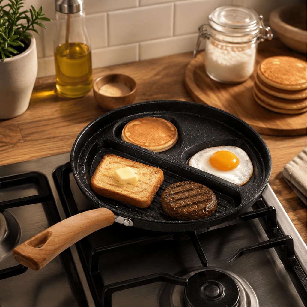 Frigideira Antiaderente 3 em 1 IdeeHome Divisórias Ovos Panquecas Pão Hamburguer Cozinhar