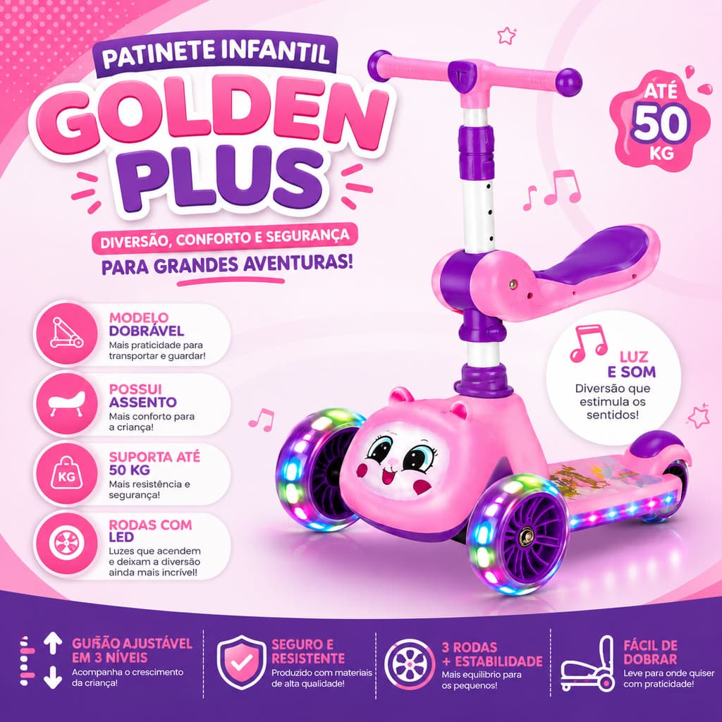 Patinete Infantil 3 Rodas Golden Plus Rosa  com Assento Luz e Som