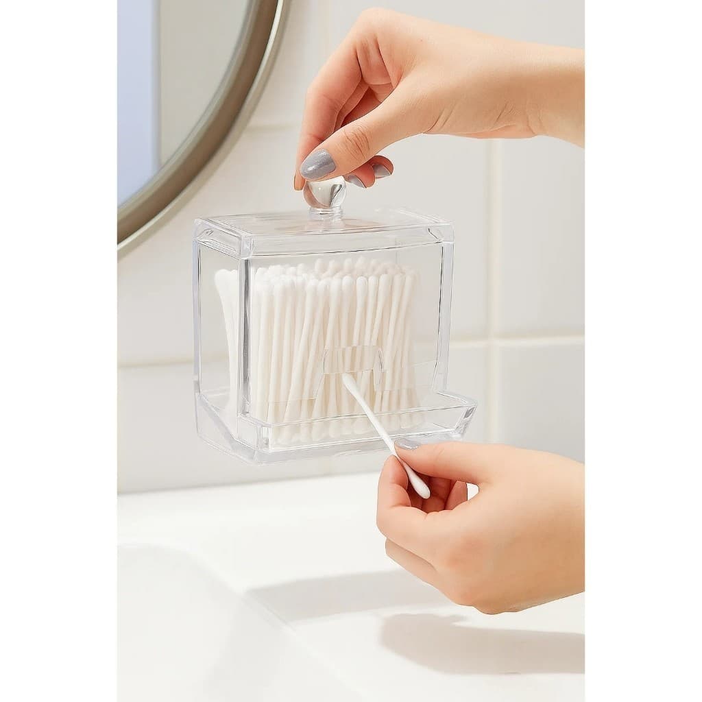 Dispenser cotonete acrilico tampa transparente organizador banheiro elegante