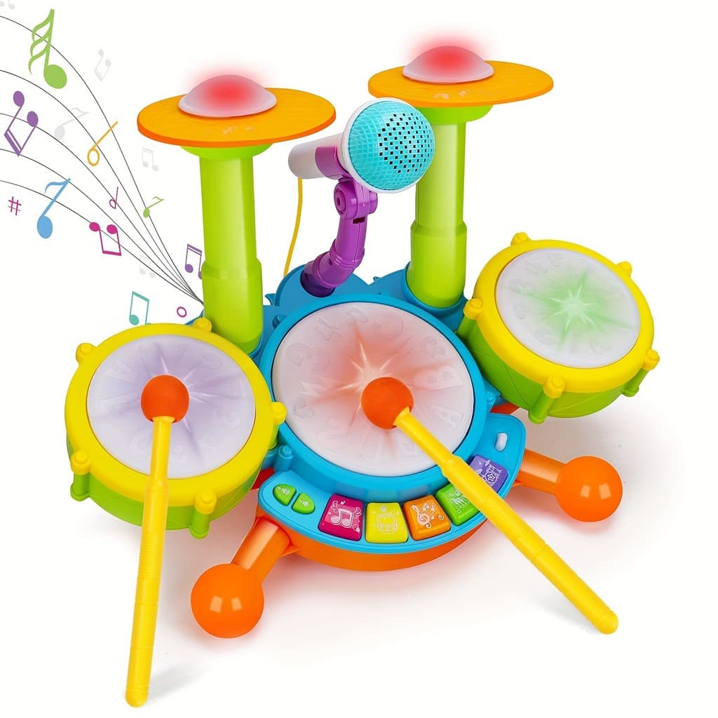 Conjunto De Bateria Infantil Brinquedo Eletrônico Iluminado Musical Com Microfone Piano Para Meninos Meninas Mainan Buda