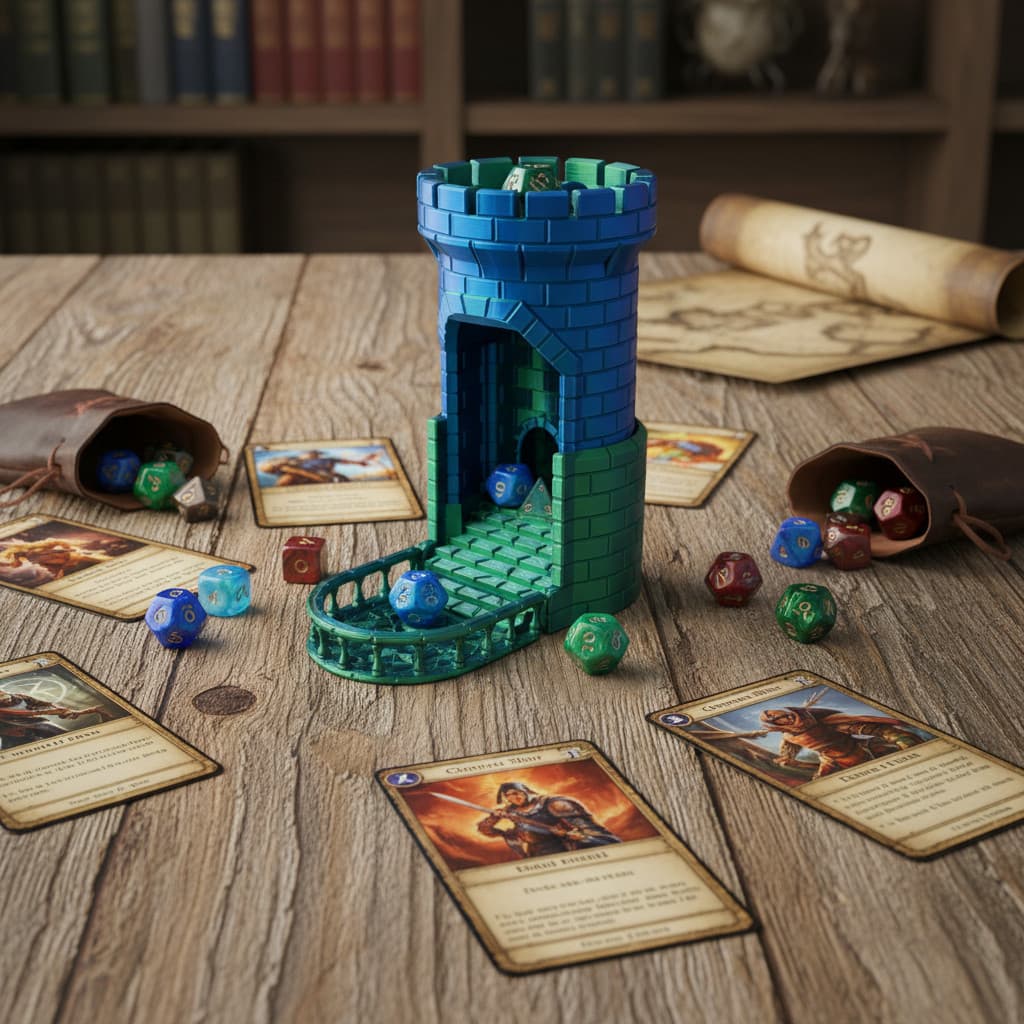 Torre de Dados RPG Retrátil Verde e Azul Impressão 3D Dice Tower Acessório Gamer Colecionável Mesa Decoração Tabuleiro