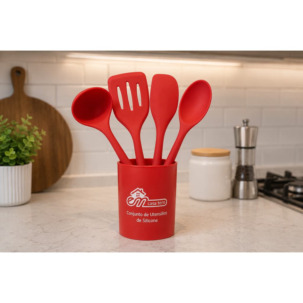 Kit Utensílios de Silicone Cozinha  4 itens1 Colher 1Concha 1Espátula Päo Duro 1Espátula Vazada/Escumadeira cor Vermelha