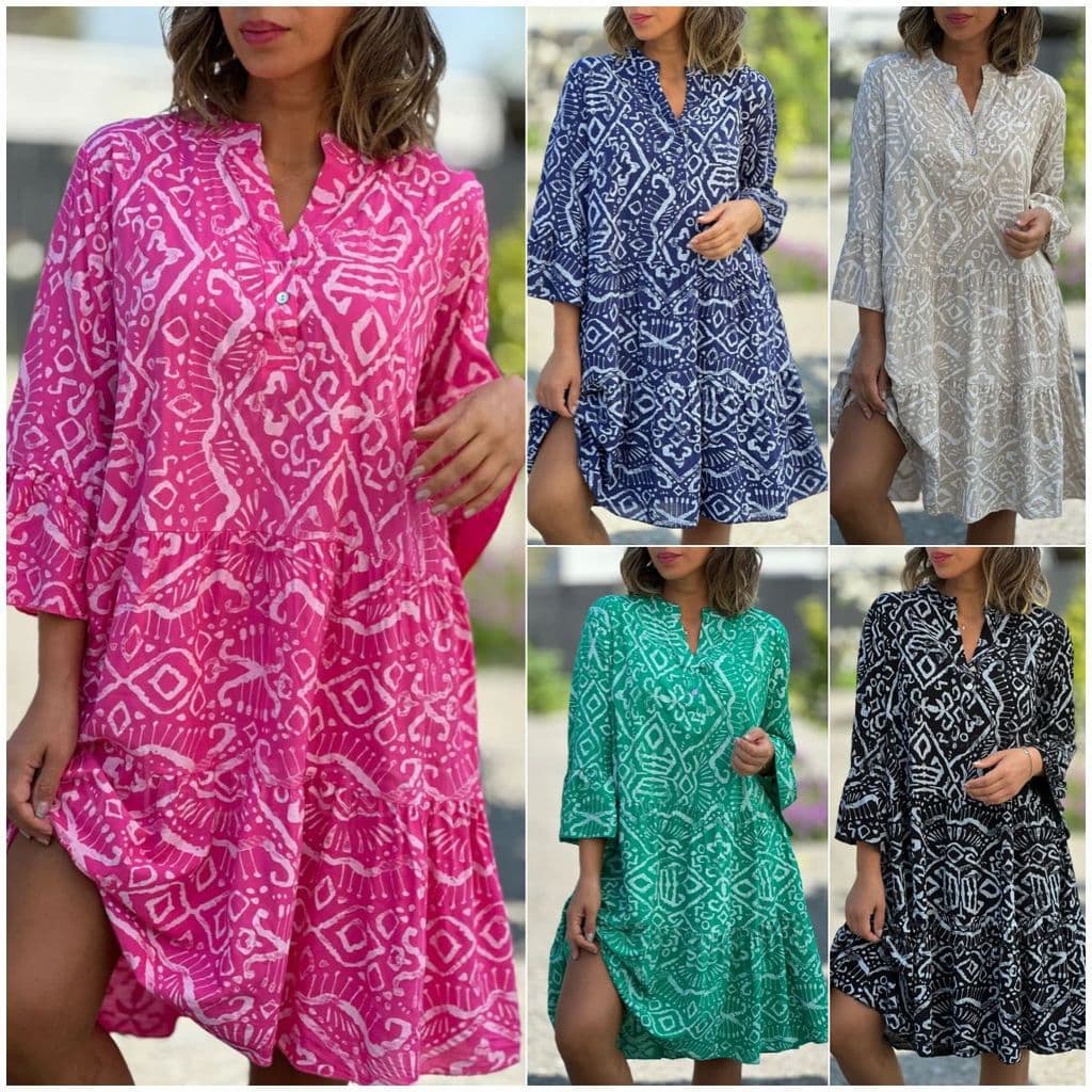 Vestido Feminino Com Decote Em V Manga Sino Bolo Estampado patchwork
