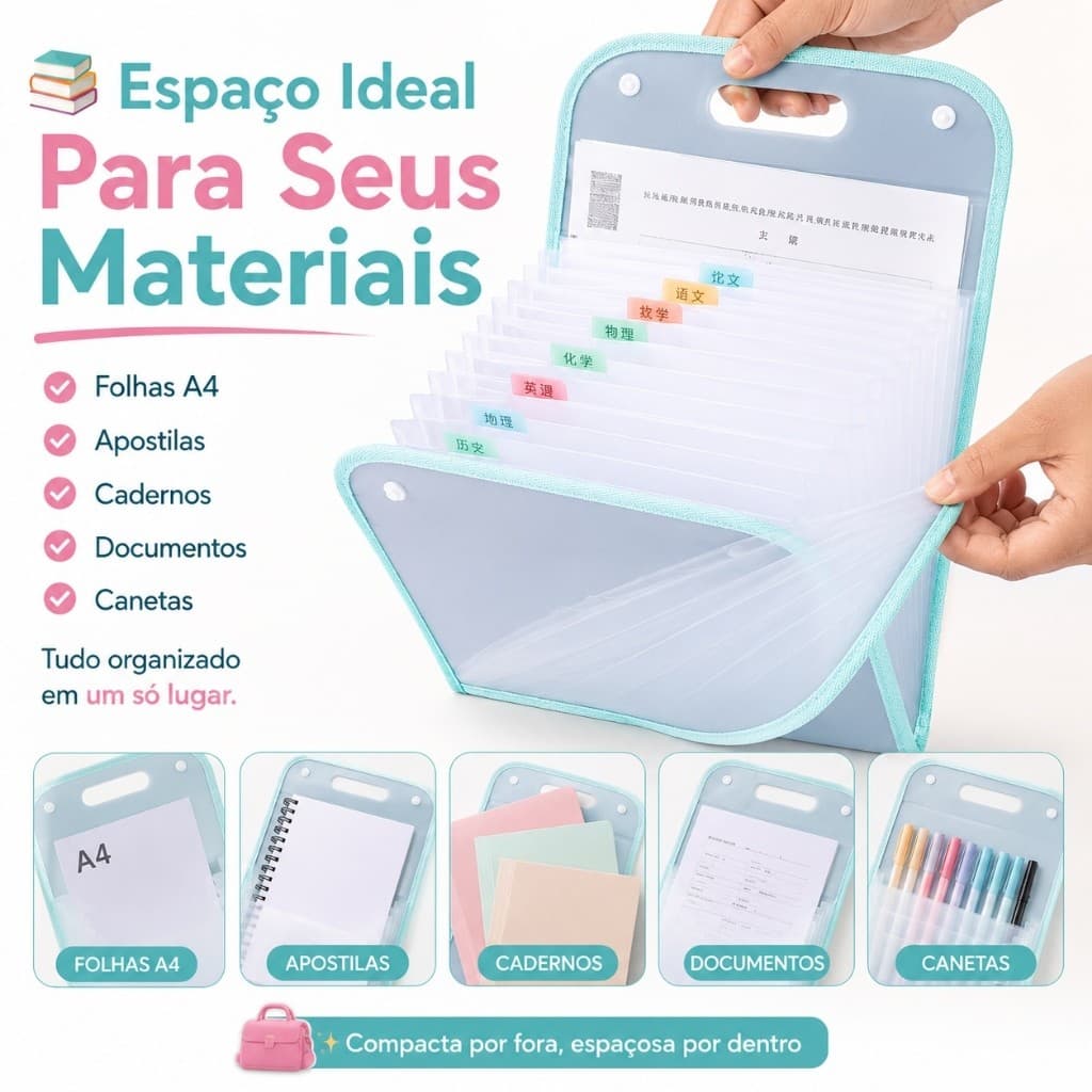 Pasta A4 Organizadora Candy Colors 12 Divisórias Escolar