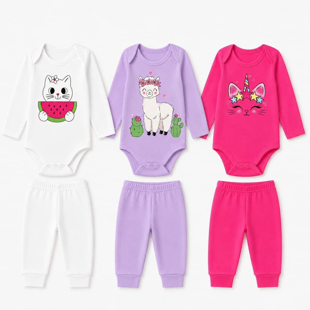 Kit 6 Peçcas Bebê Menina Inverno Body Manga Longa + Calça Algodão