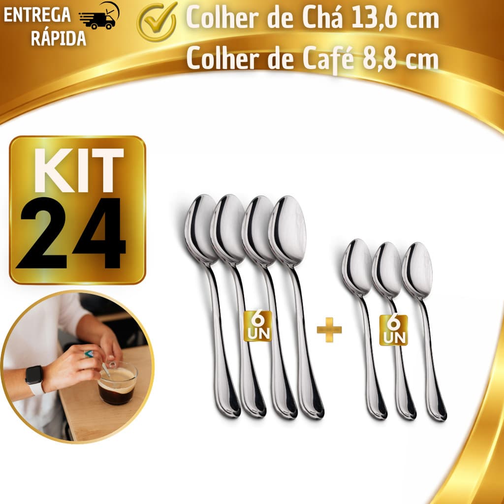 CONJUNTO COLHERES DE CAFÉ E CHÁ AÇO INOX COLHER DE SOBREMESA MULTIUSO MODERNO CAFETERIA DOCERIA DOCE CHOCOLATE