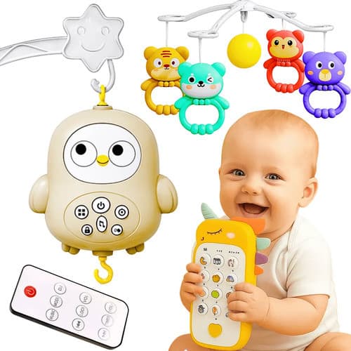 Kit Móbile Musical Bebê Com Controle Remoto Brinquedo Berço Luz Som Giratório + Mordedor Sensorial