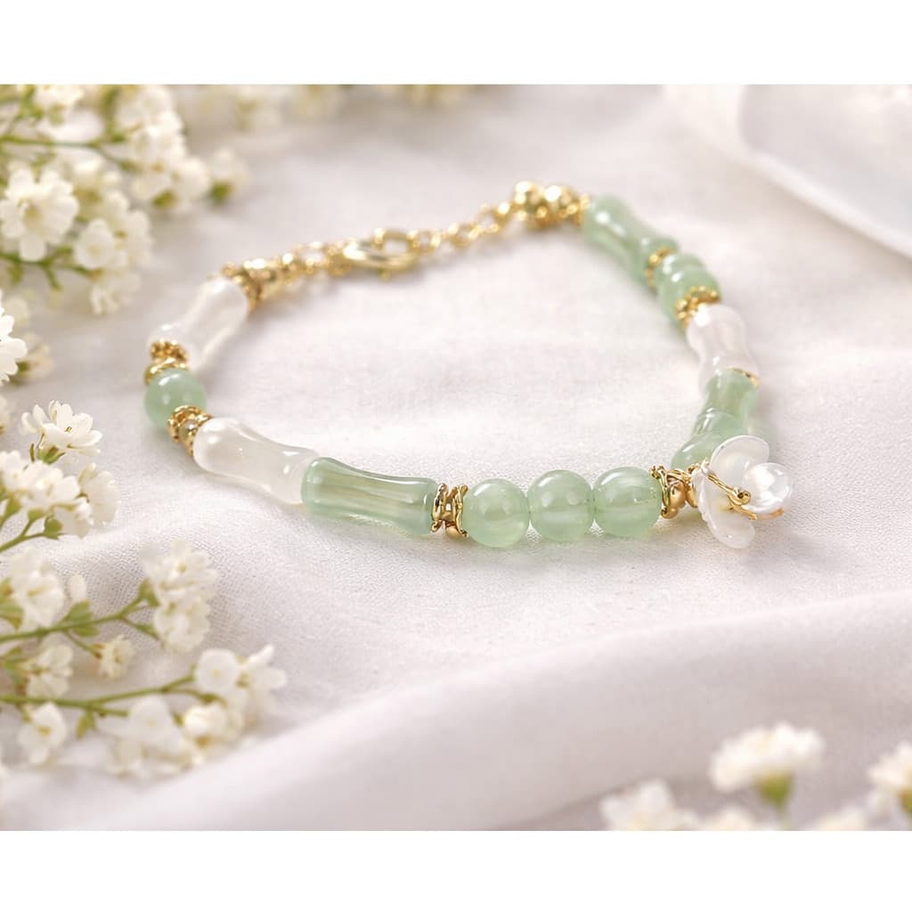 Pulseira Feminina Flor com Miçangas Estilo Bambu Verde Ajustável