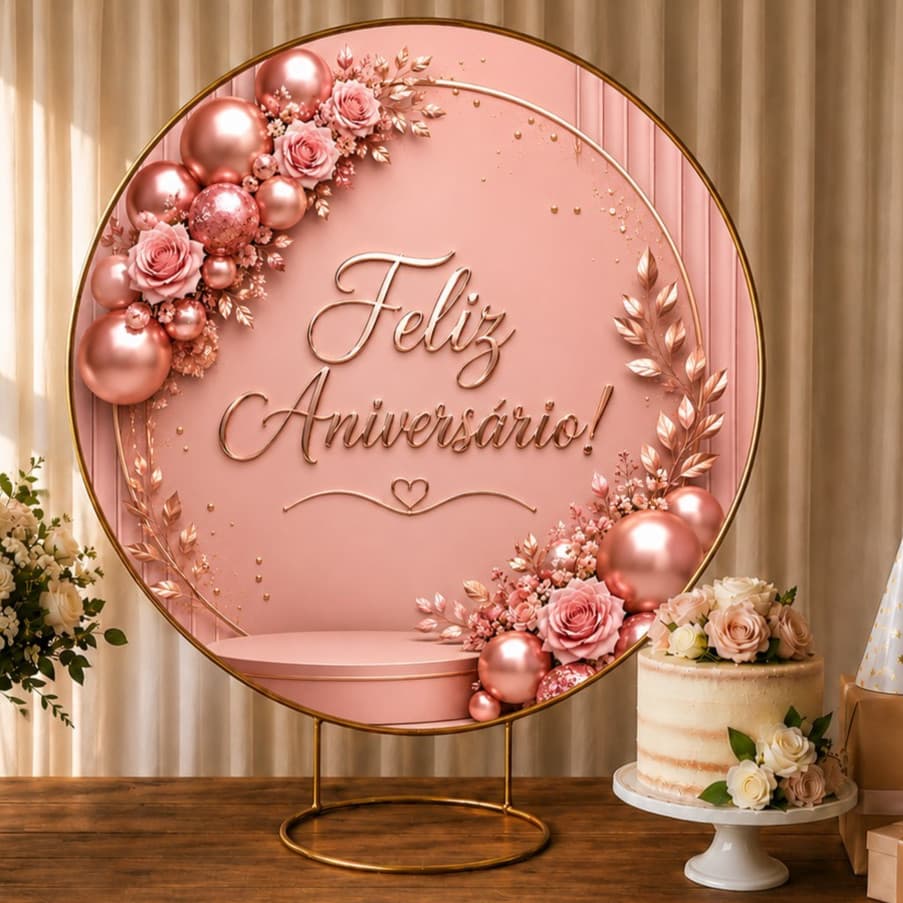 Painel redondo 50CM X 50CM de mesa  FELIZ ANIVERSARIO FESTA veste facil com elastico